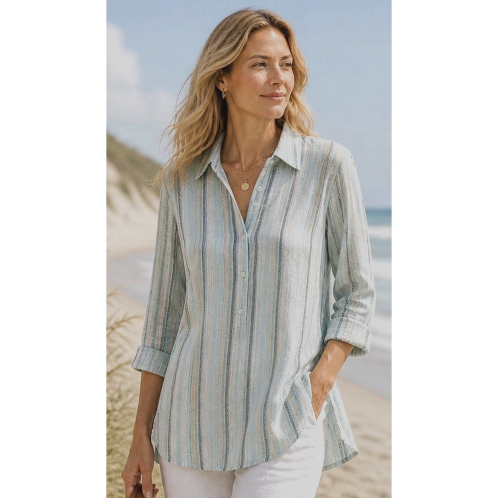 Jones New York Womens Striped Gauzy Resort Linen Button Blouse Size L Beach Vaca